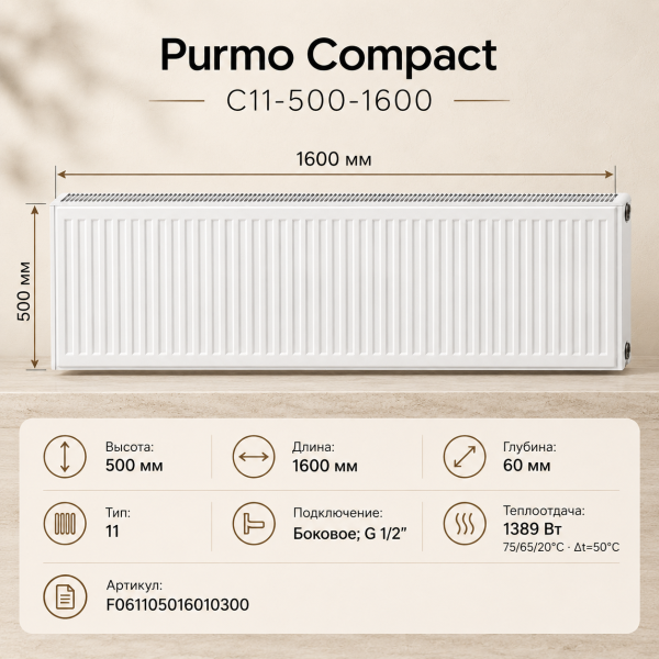 Стальной панельный радиатор Purmo Compact, тип C 11-500-1600