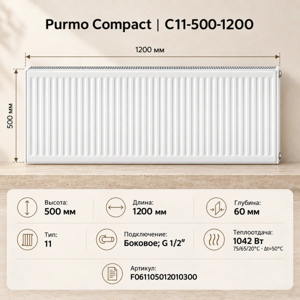 Стальной панельный радиатор Purmo Compact, тип C 11-500-1200