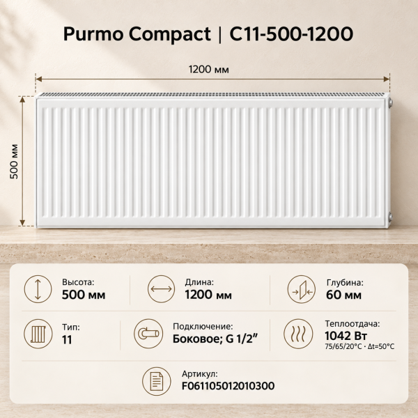 Стальной панельный радиатор Purmo Compact, тип C 11-500-1200