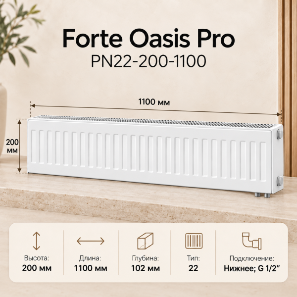 Стальной панельный радиатор Forte Oasis Pro, тип PN 22-200-1100