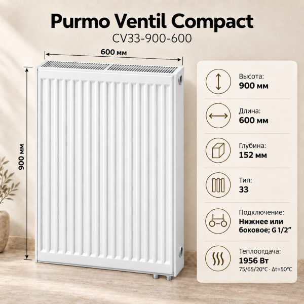 Стальной панельный радиатор Purmo Ventil Compact, тип CV 33-900-600