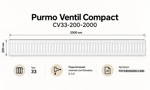 Стальной панельный радиатор Purmo Ventil Compact, тип CV 33-200-2000