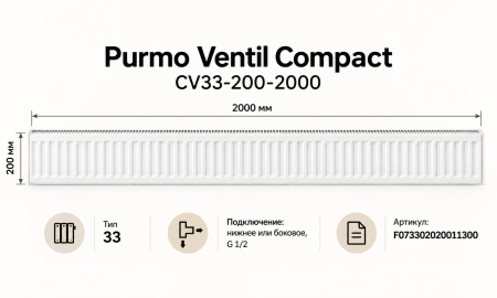 Стальной панельный радиатор Purmo Ventil Compact, тип CV 33-200-2000