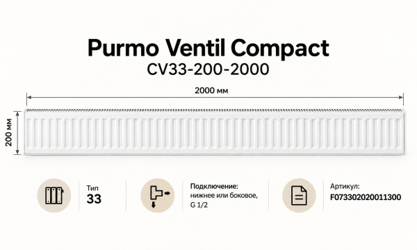 Стальной панельный радиатор Purmo Ventil Compact, тип CV 33-200-2000